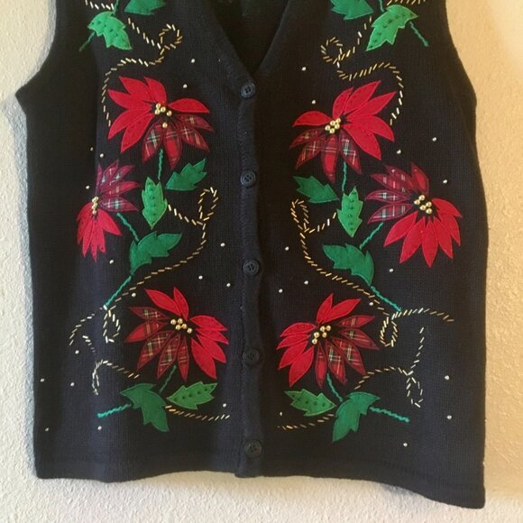 VTG Bobbie Brooks Ugly Christmas Sweater Vest Poinsettia Gold Beads Plaid Size M - Picture 3 of 5